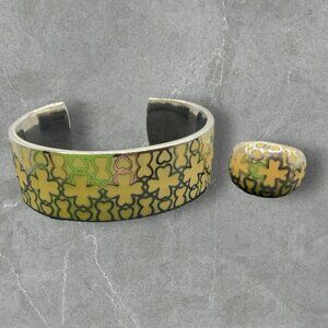 ioblu Stainless Steel Beige Yellow Cuff Bracelet and Ring Set